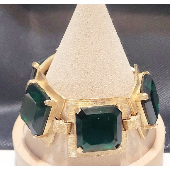 Vintage Bracelet Emerald Green Paste Rivière Goldtone Art Deco Chunky Flaws 7 In - Picture 1 of 15